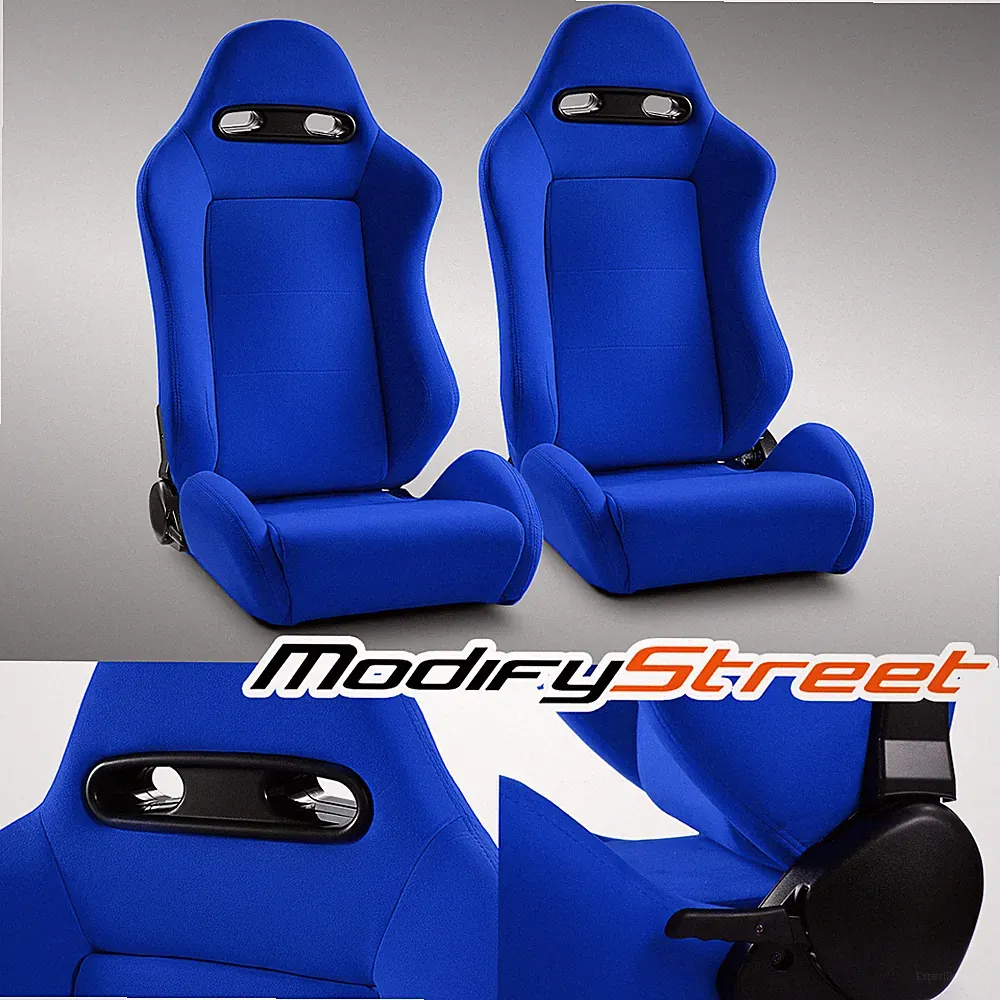 2 x BLUE Fabric LEFT/RIGHT RACING RECLINABLE SEATS + SLIDER CLASSIC STYLE
