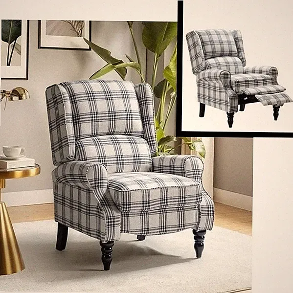 Black Plaid Wingback Manual Pushback Armchair Recliner Chairs Recliners Chair