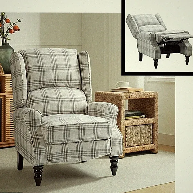 Gray Plaid Wingback Manual Pushback Armchair Recliner Chairs Recliners Grey New