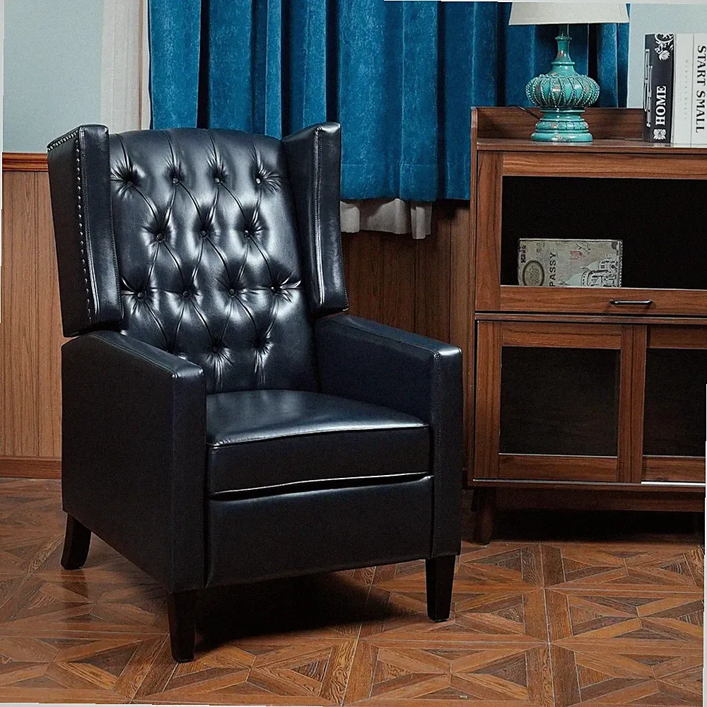 Luxurious Black Leather Recliner Chair with Tufted Cushion & Nailhead Trim