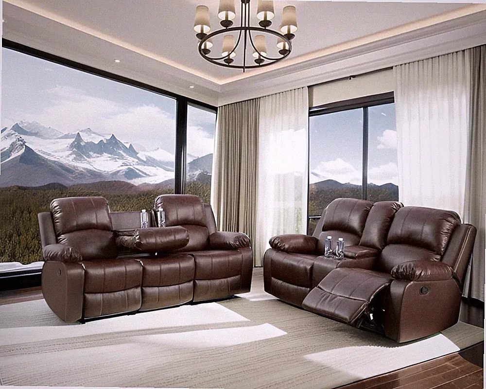 NEW 2PC Sofa Loveseat 4-Recliner Leather Set with 4 Cupholders & Console, Brown