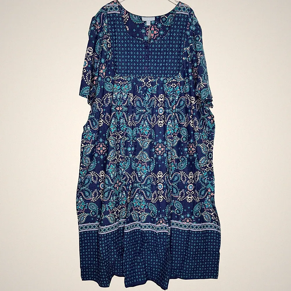 Only Necessities Plus Size Classic Blue Floral Mixed Print Long Lounger 5X NEW