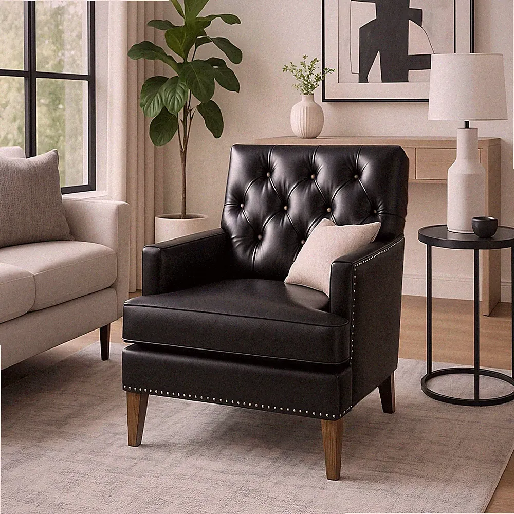 Stylish Black Leather Accent Chair with Tufted Cushion and Nailhead Trim