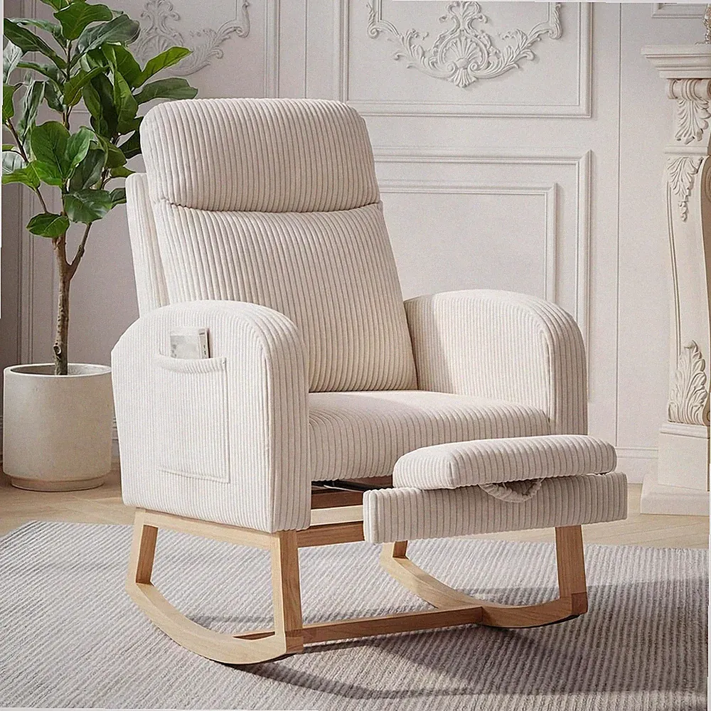 Teddy Fleece Nursery Rocking Chair,Upholstered Glider with 26" High Backrest, Pa