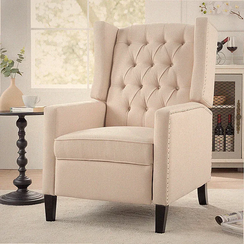Wide Recliner Chair Vintage Accent Manual Wingback Home Living Room Office Beige